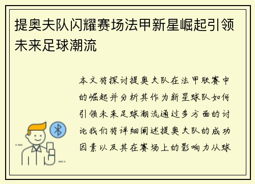 提奥夫队闪耀赛场法甲新星崛起引领未来足球潮流