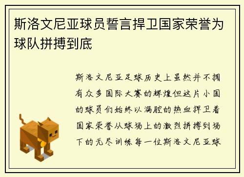 斯洛文尼亚球员誓言捍卫国家荣誉为球队拼搏到底