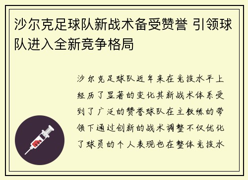 沙尔克足球队新战术备受赞誉 引领球队进入全新竞争格局
