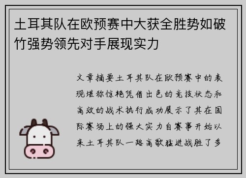 土耳其队在欧预赛中大获全胜势如破竹强势领先对手展现实力